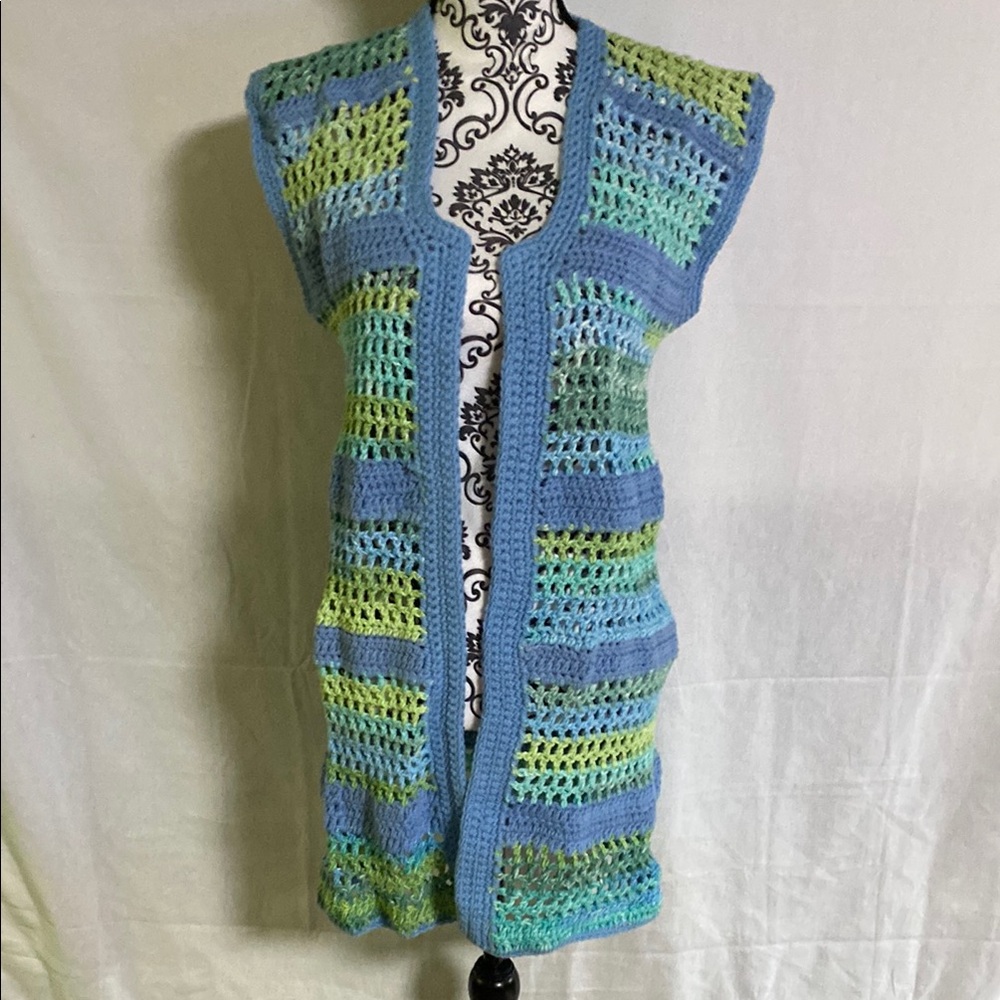 Handmade Crochet Long Vest Cardigan Duster Open front one of a kind original